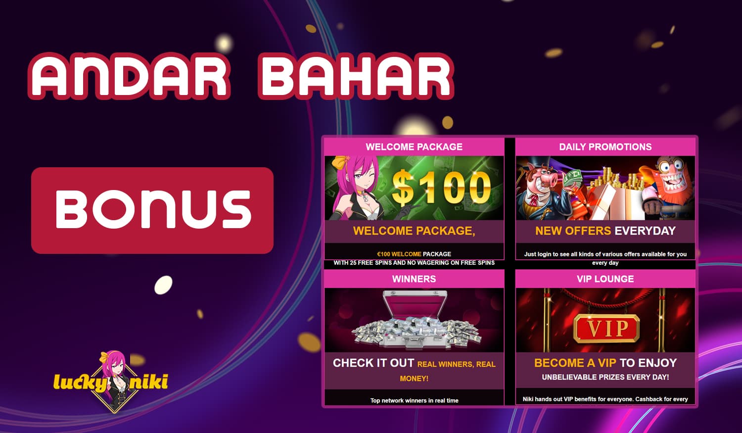 What bonuses fans of online casino and andar bahar games can get on LuckyNiki Casino website