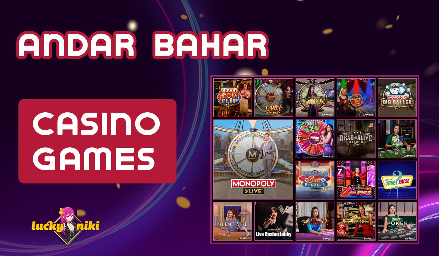 List of casino games available for gambling fans from India on LuckyNiki Casino website
