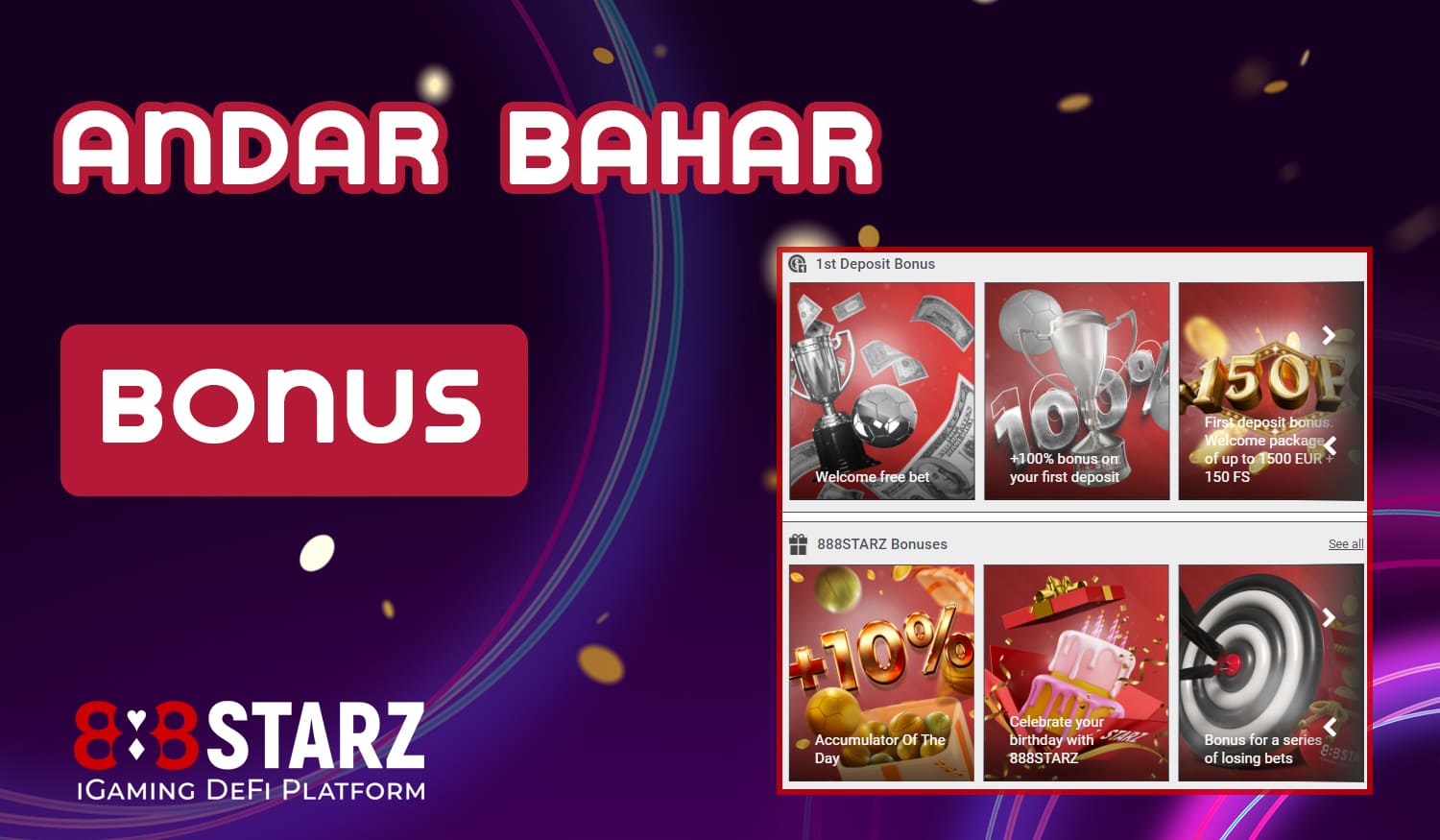 List of bonuses available at 888Starz casino for Indian users