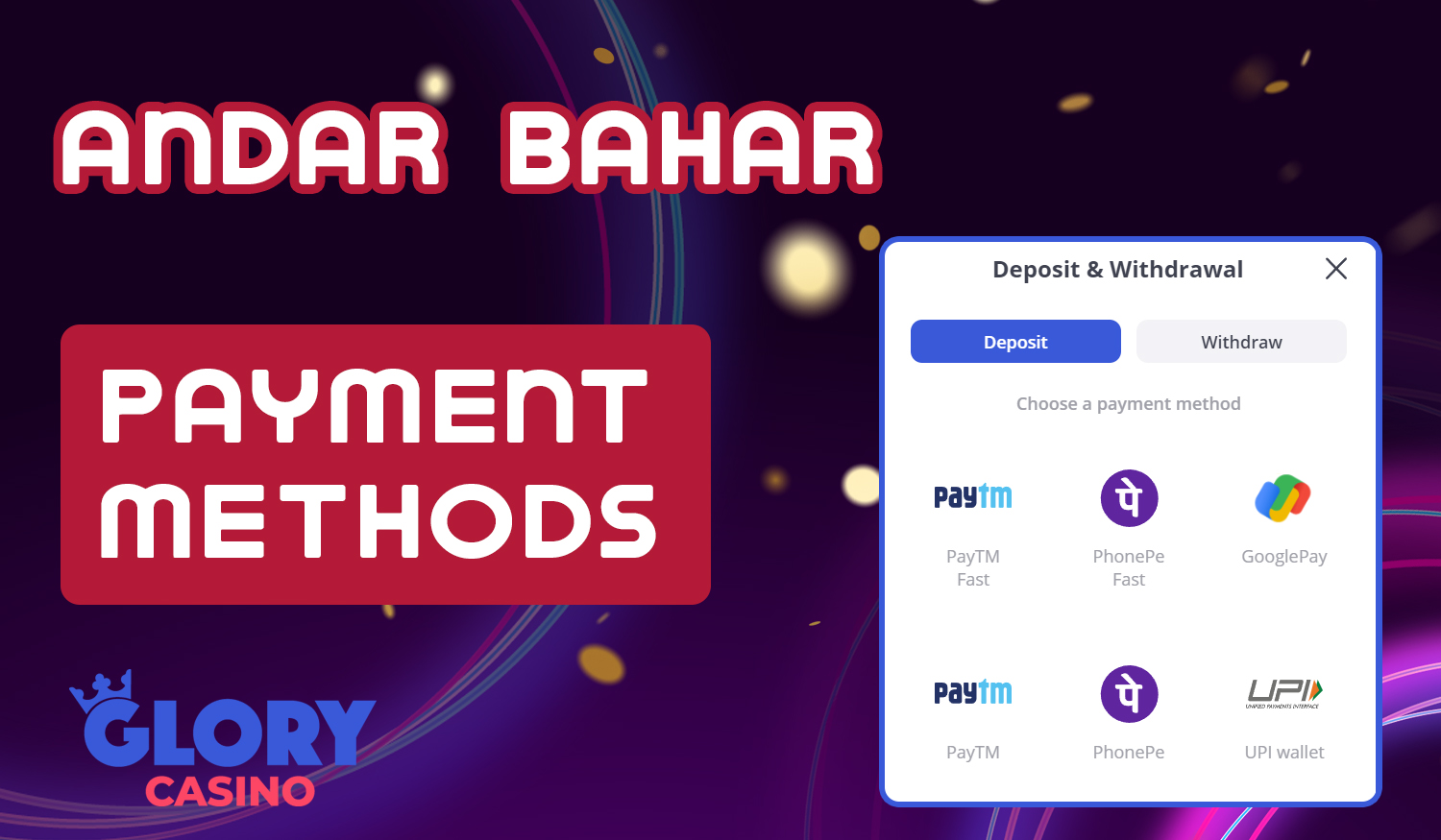 How to deposit and withdraw funds won at Andar Bahar at Glory casino